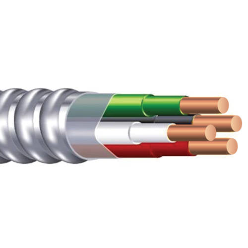 MC Cable 10/3 Solid Copper (BLACK/WHITE/RED) w/Ground, Aluminum Armor, 120/208V (250' Coil)